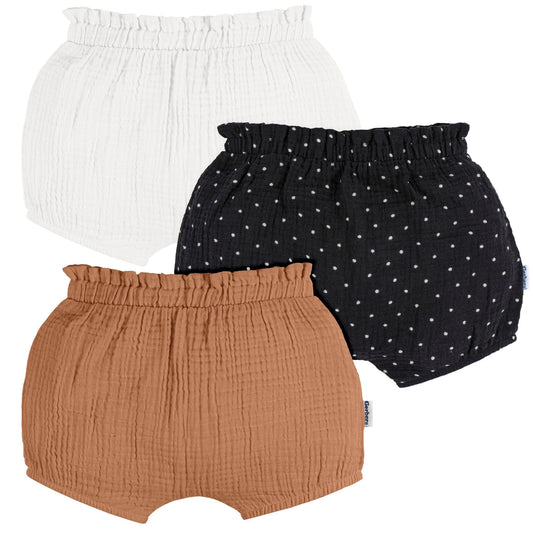 3-Pack Baby Girls White, Black Dot, & Brown Gauze Bubble Shorts